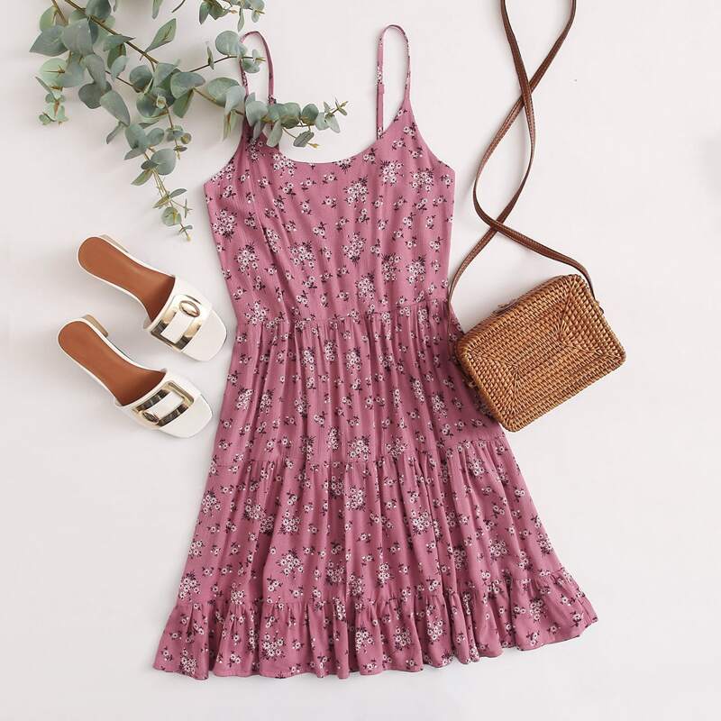 

Floral Ruffle Cami Dress, Dusty pink