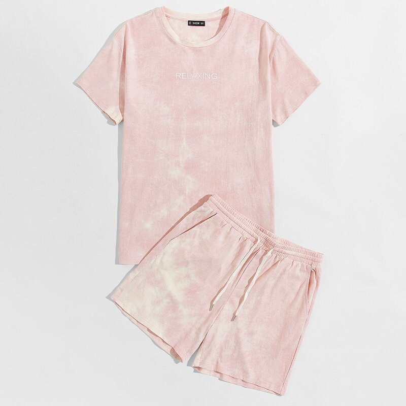 

Guys Letter Graphic Tee & Drawstring Track Shorts Set, Baby pink
