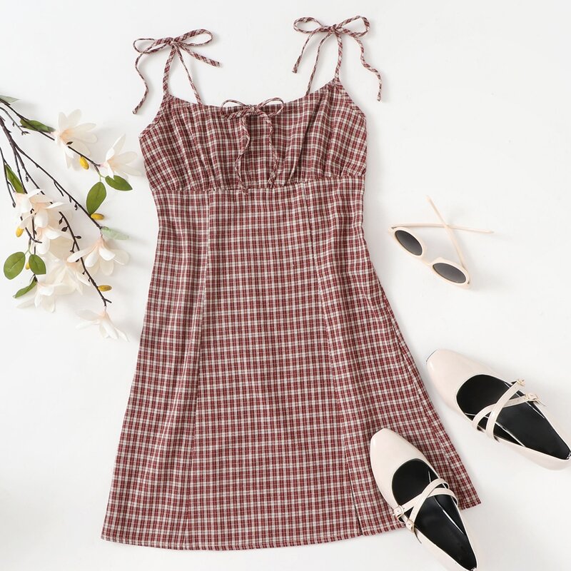 

Tie Shoulder Plaid Cami Dress, Multicolor