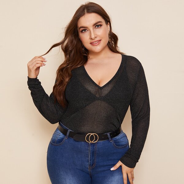 

Plus V-neck Sheer Sweater Without Bra, Black