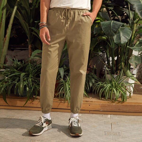 

Men Drawstring Waist Tapered Pants, Khaki