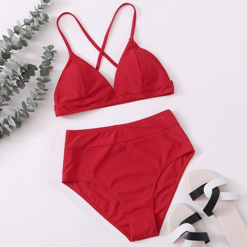 Crisscross Back High Waisted Bikini Swimsuit, Red