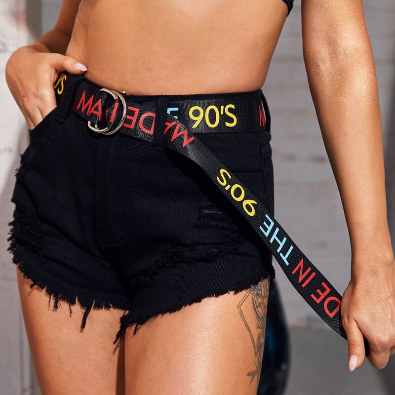 Slogan Graphic Tape Belt, Black