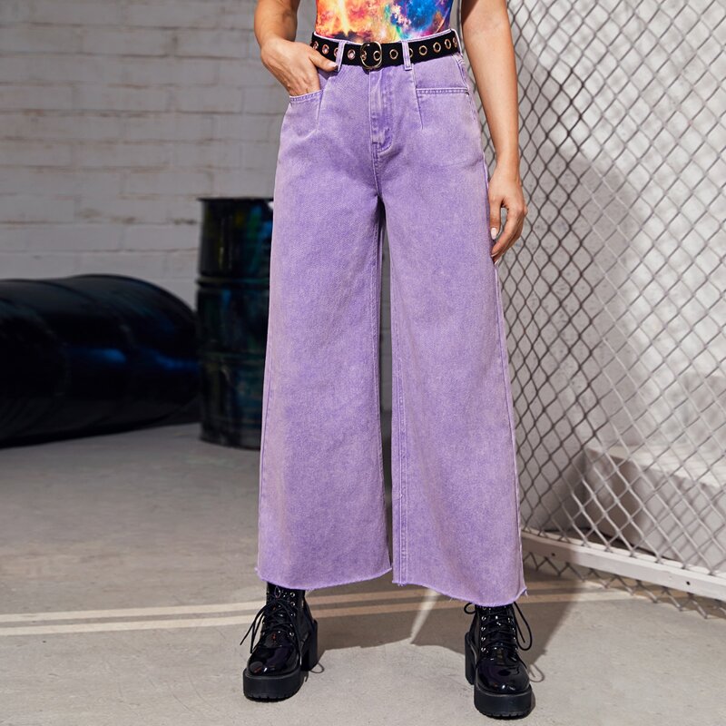 

Raw Hem Wide Leg Jeans Without Belt, Lilac purple