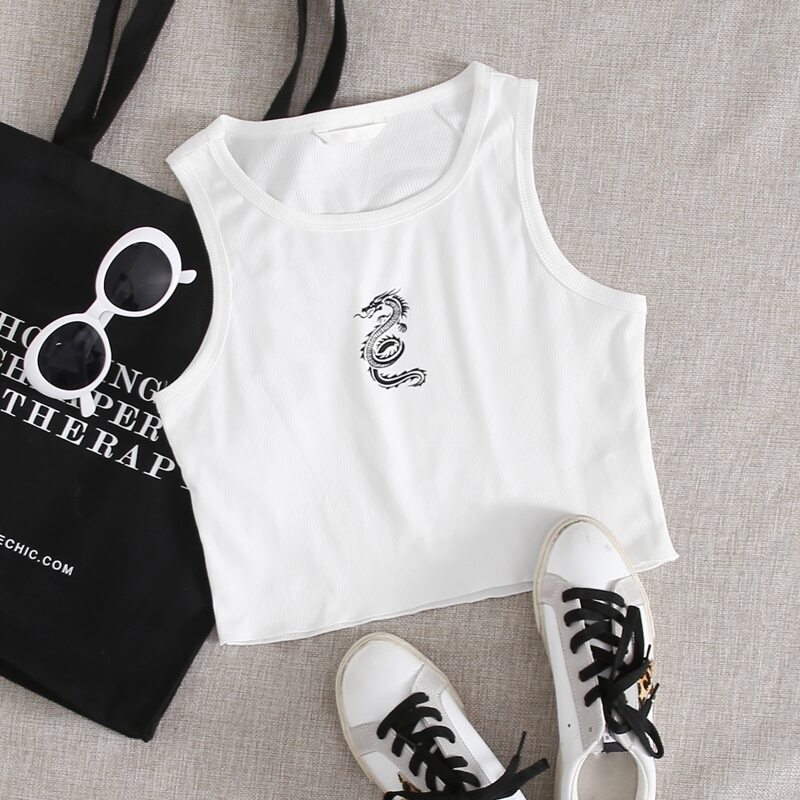Ribbed Dragon Crop Tank, White