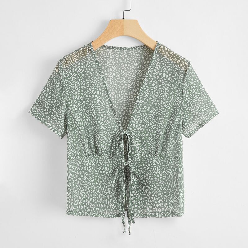 

Allover Print Tie Front Top, Mint green