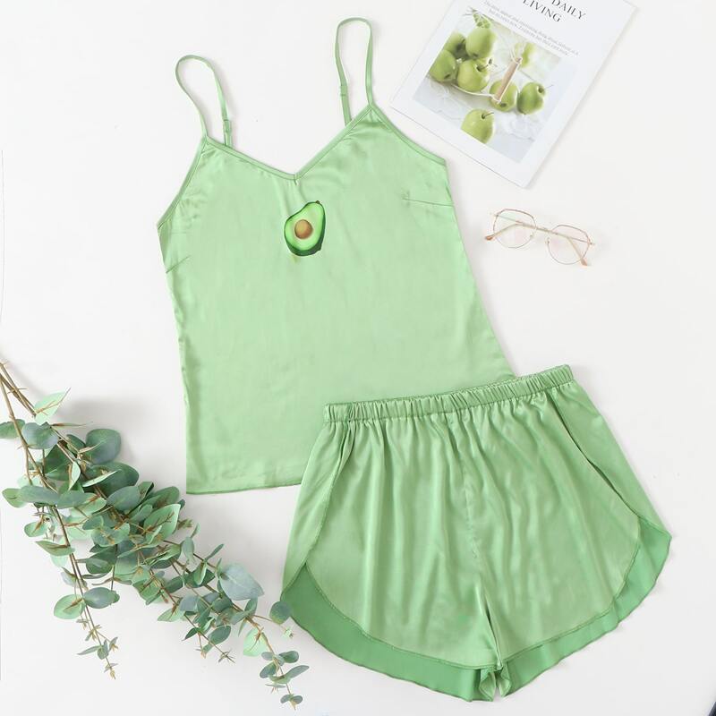 

Avocado Print Satin Cami & Shorts PJ Set, Mint green