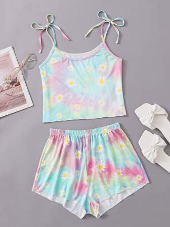 Daisy Print Tie Dye Cami & Shorts PJ Set