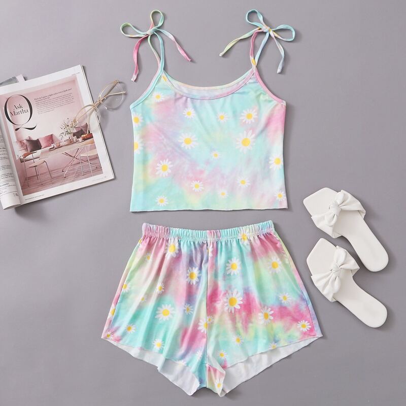 

Daisy Print Tie Dye Cami & Shorts PJ Set, Multicolor