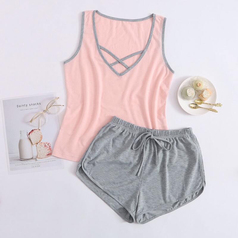 

Crisscross Ringer Tank Top & Dolphin Shorts, Multicolor
