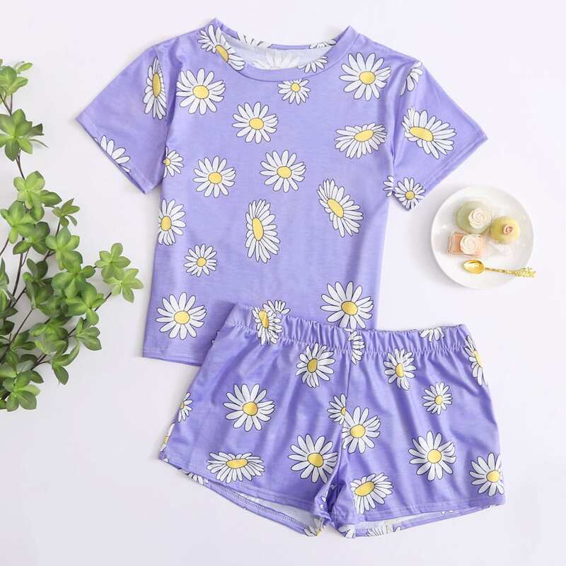 

Daisy Print Tee & Shorts PJ Set, Lilac purple