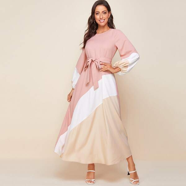 

Lantern Sleeve Colorblock Self Belted Dress, Multicolor
