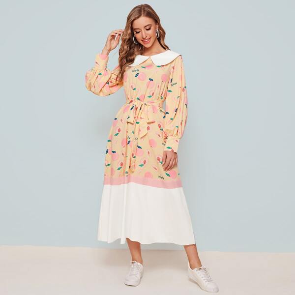 

Contrast Peter-pan-collar and Hem Lantern Sleeve Belted Dress, Yellow