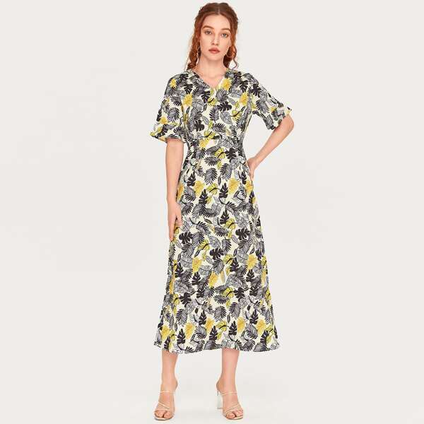 

Allover Tropical Flounce Sleeve A-line Dress, Multicolor