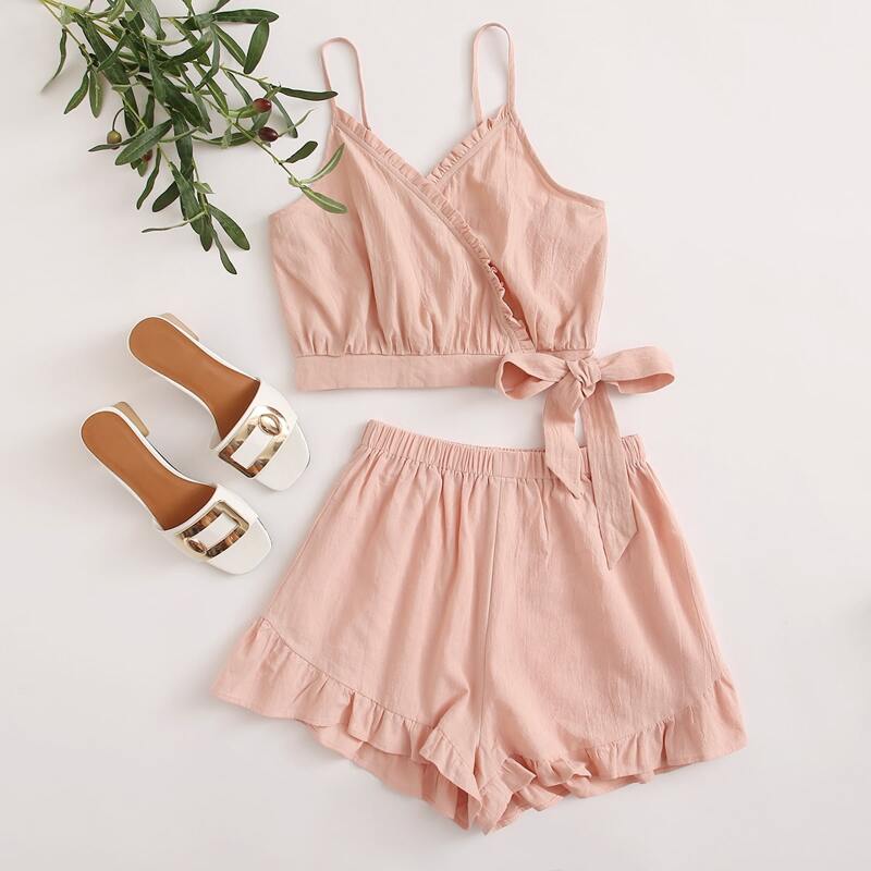 

Solid Wrap Tie Cami & Shorts, Baby pink