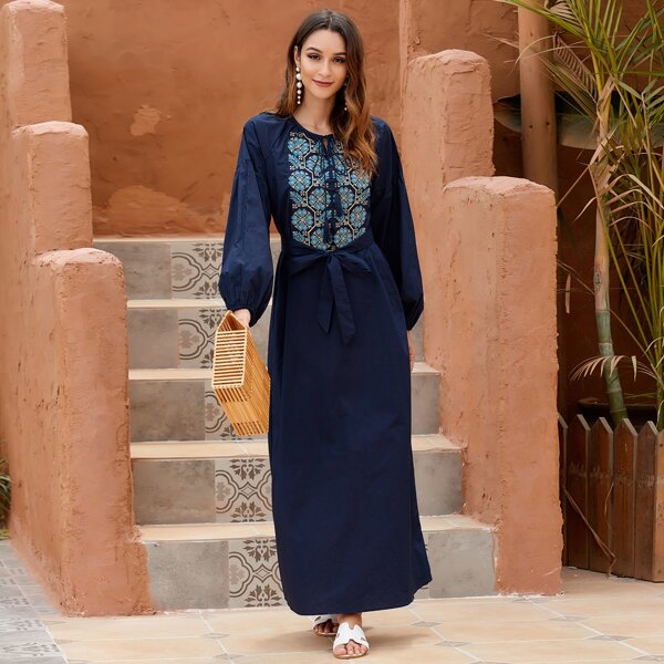 

Tribal Print Tie Neck Belted Dress, Navy blue