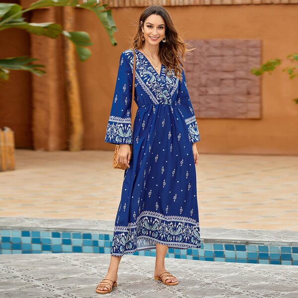 

Tribal Print Surplice Front Dress, Navy blue