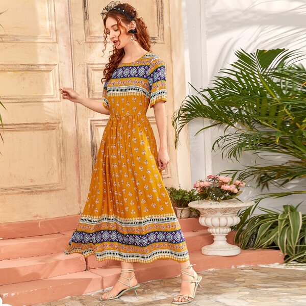 

Aztec Print Zip Back A-line Dress, Multicolor