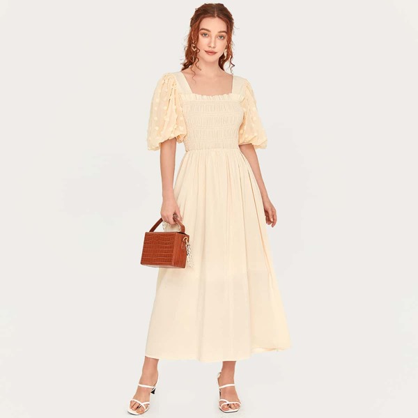 

Square Neck Shirred Puff Sleeve Dress, Beige