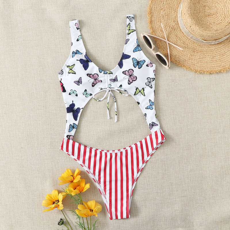 

Butterfly & Stripe Cut-out One Piece Swimsuit, Multicolor
