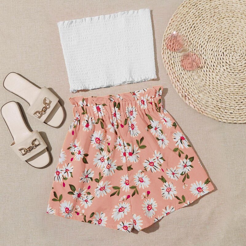 

Shirred Tube Top & Floral Shorts, Multicolor