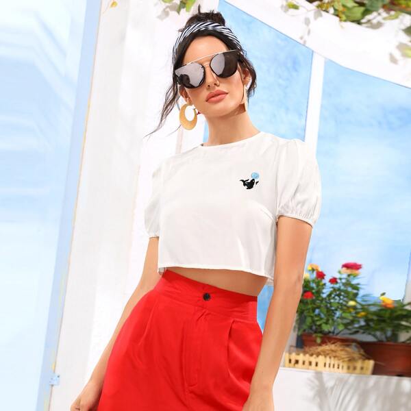 

Dolphin Embroidery Crop Top, White