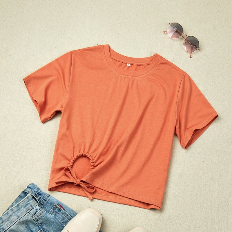 

Solid Drawstring Cutout Tee, Burnt orange