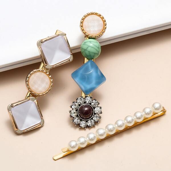 

3pcs Faux Pearl Decor Bobby Pin, Gold