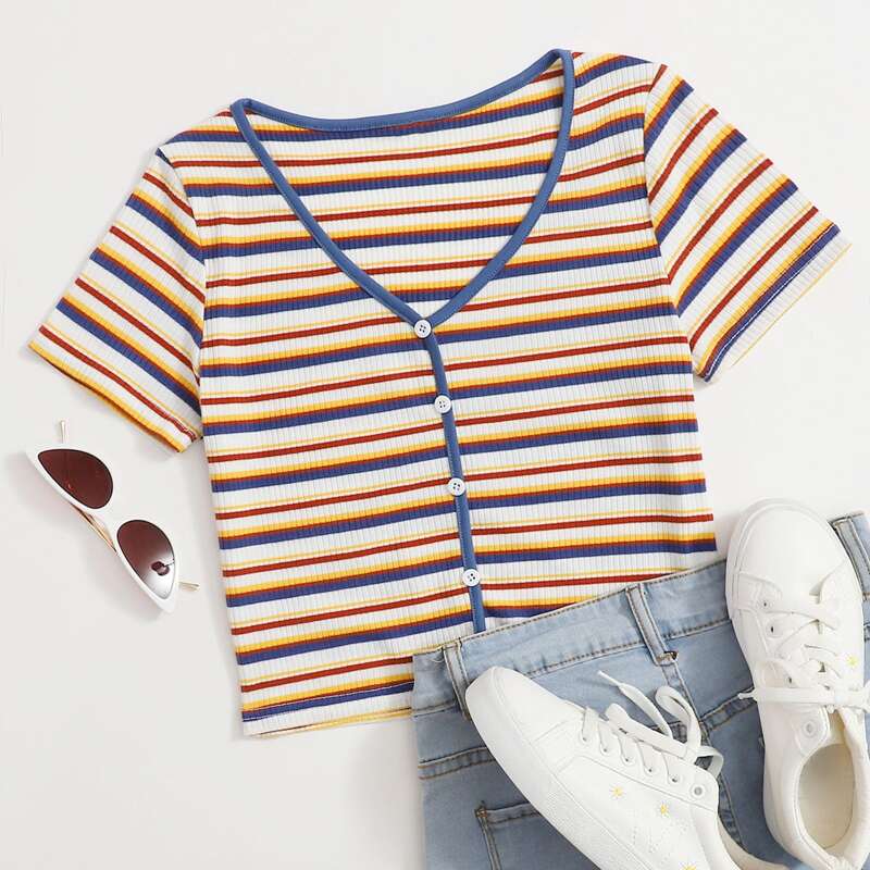 

Striped Button Front Tee, Multicolor