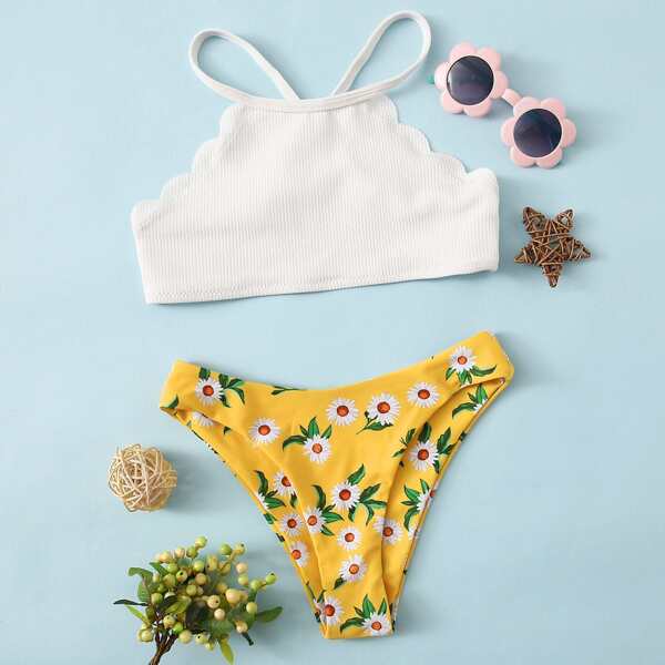 

Girls Floral Rib Scallop Trim Bikini Swimsuit, Multicolor