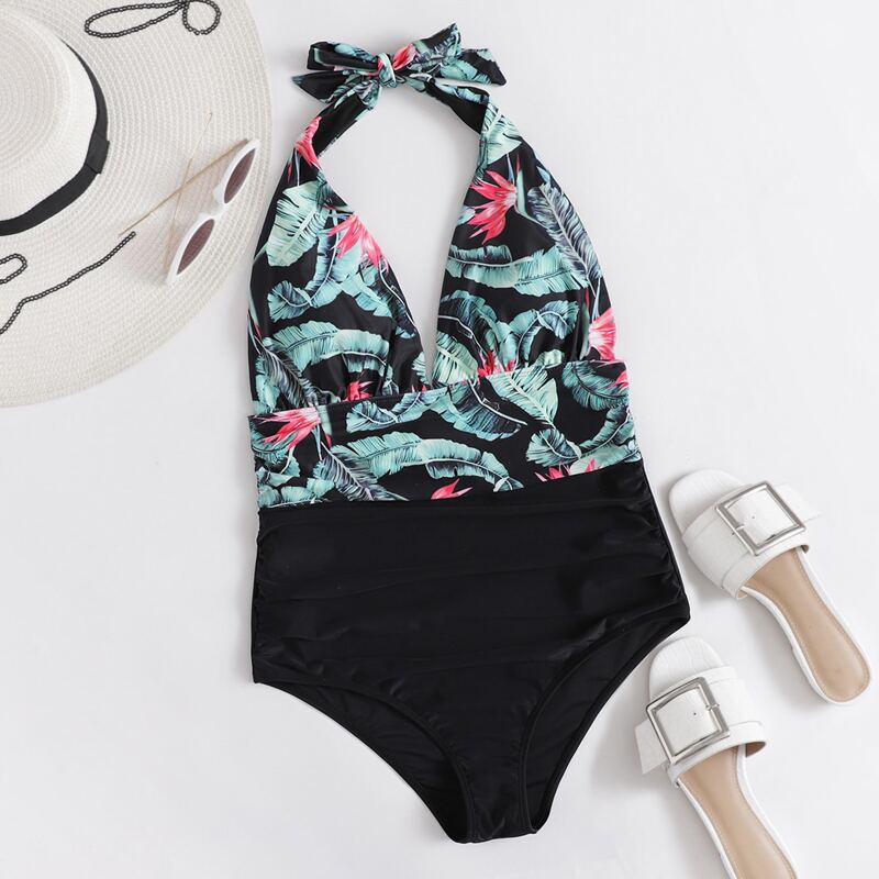 

Tropical Halter One Piece Swimsuit, Multicolor