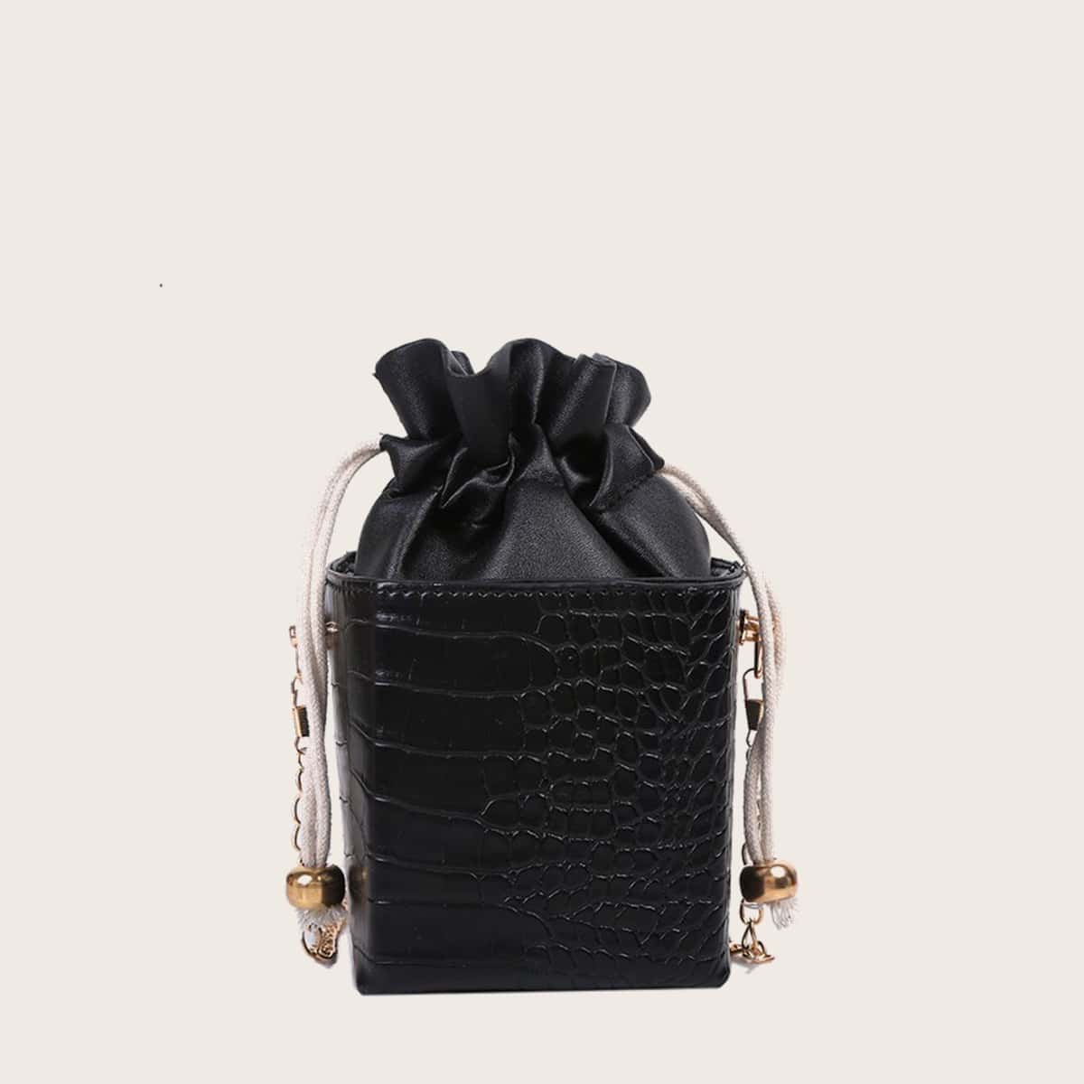 

Croc Embossed Chain Bucket Bag, Black
