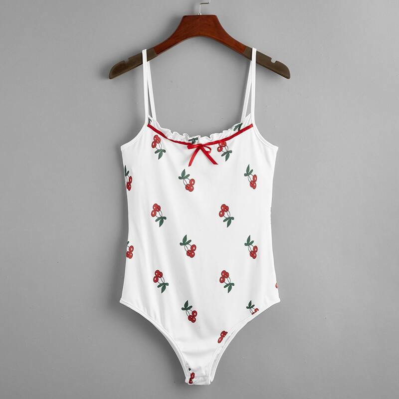 

Cherry Print Cami Bodysuit, White