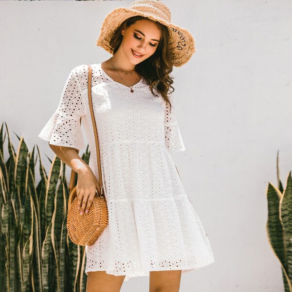 

Solid Eyelet Embroidered Babydoll Dress, White
