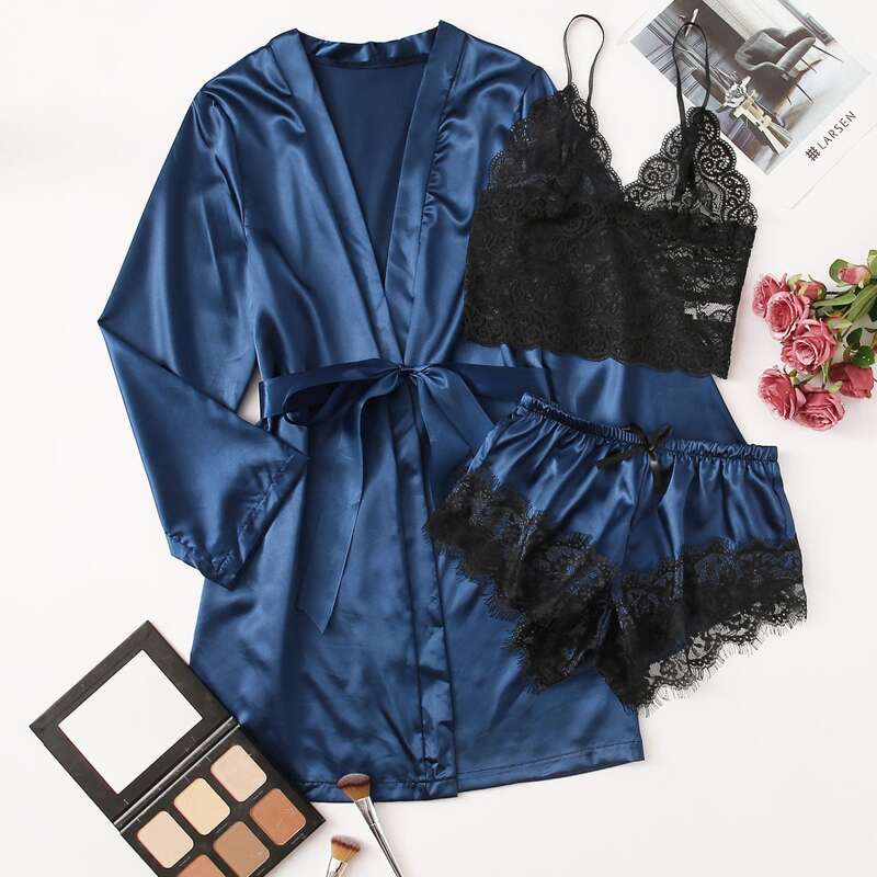 

3pack Contrast Lace Satin Lingerie Set & Belted Robe, Multicolor
