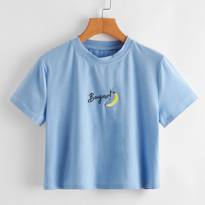 

Letter Embroidery Crop Tee, Blue