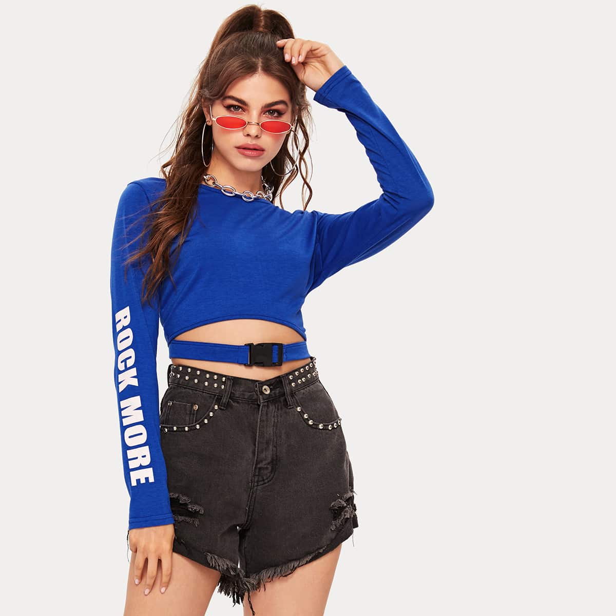 

Letter Graphic Buckle Crop Tee, Royal blue