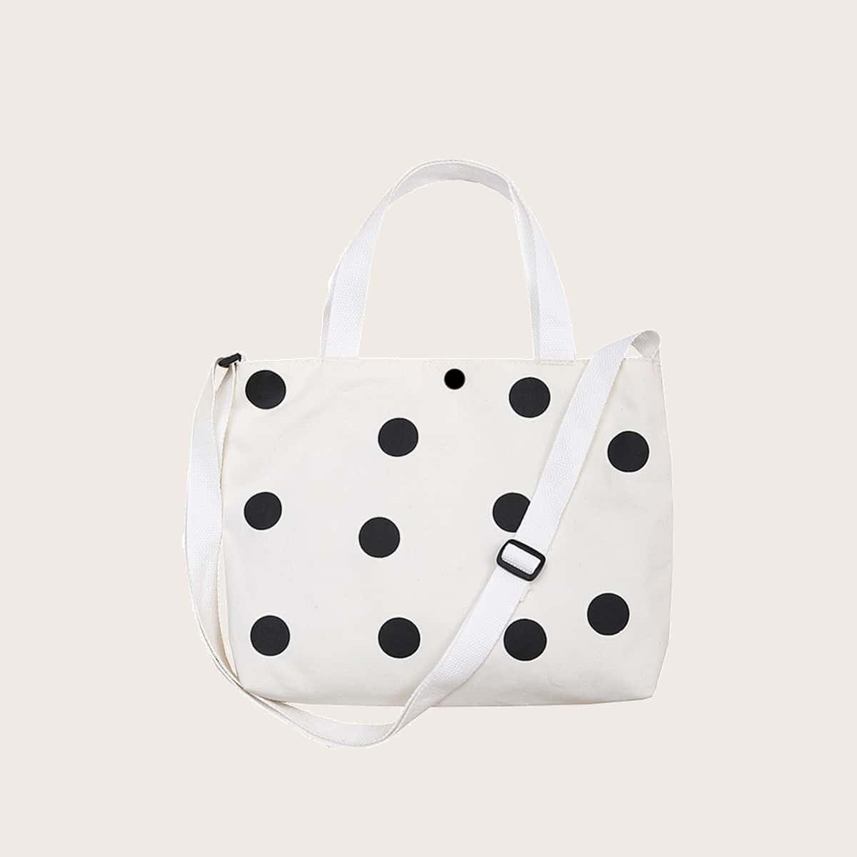 

Polka Dot Canvas Satchel Bag, White