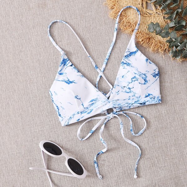 

Marble Pattern Tie Back Bikini Top, Multicolor
