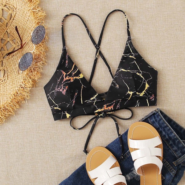 

Marble Pattern Tie Back Bikini Top, Black