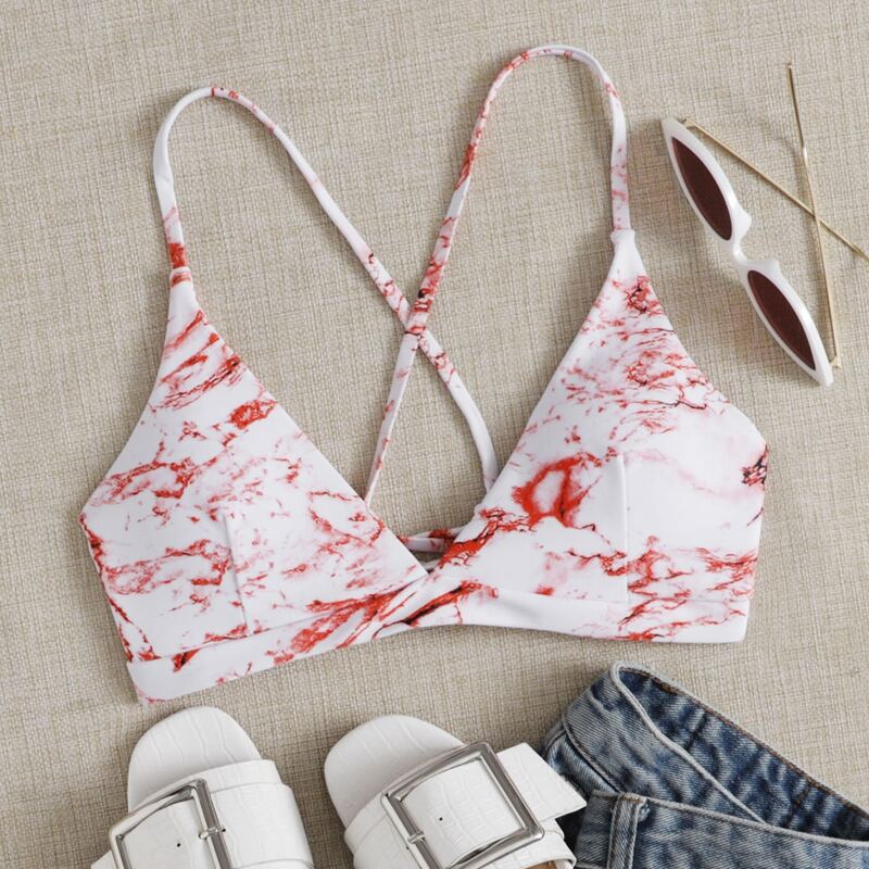 

Marble Pattern Tie Back Bikini Top, Multicolor