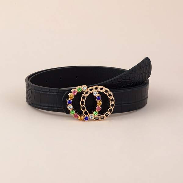 

Rhinestone Engraved Buckle Belt, Black