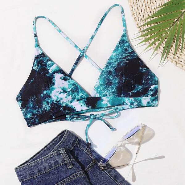 

Sea Wave Print Crisscross Bikini Top, Multicolor
