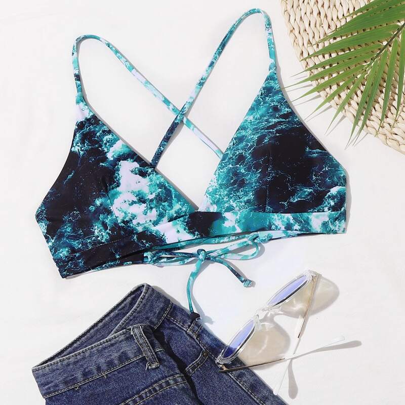 

Sea Wave Print Crisscross Bikini Top, Multicolor