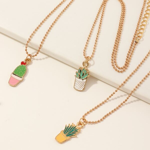 

3pcs Girls Cactus Charm Necklace, Gold