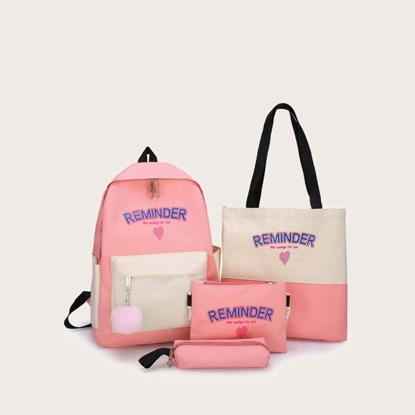

4pcs Girls Letter Graphic Bag Set, Pink