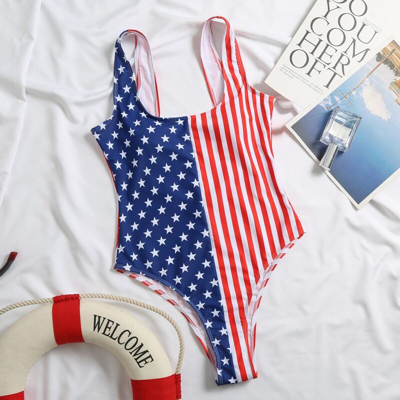 

American Flag Print One Piece Swimsuit, Multicolor