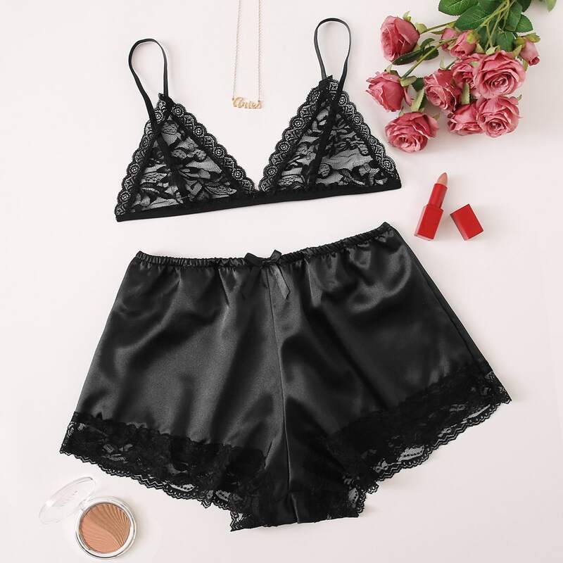 

Lace Triangle Bralette & Satin Shorts, Black
