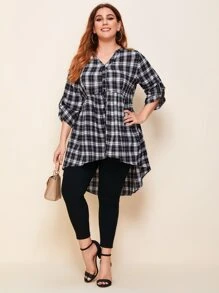 Mulvari Plus Notch Neck Rolled Tab Sleeve Dip Hem Blouse - Black and White - View 3