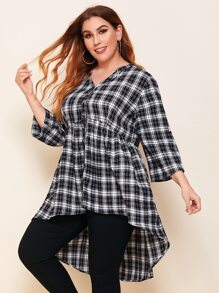 Mulvari Plus Notch Neck Rolled Tab Sleeve Dip Hem Blouse - Black and White - View 5